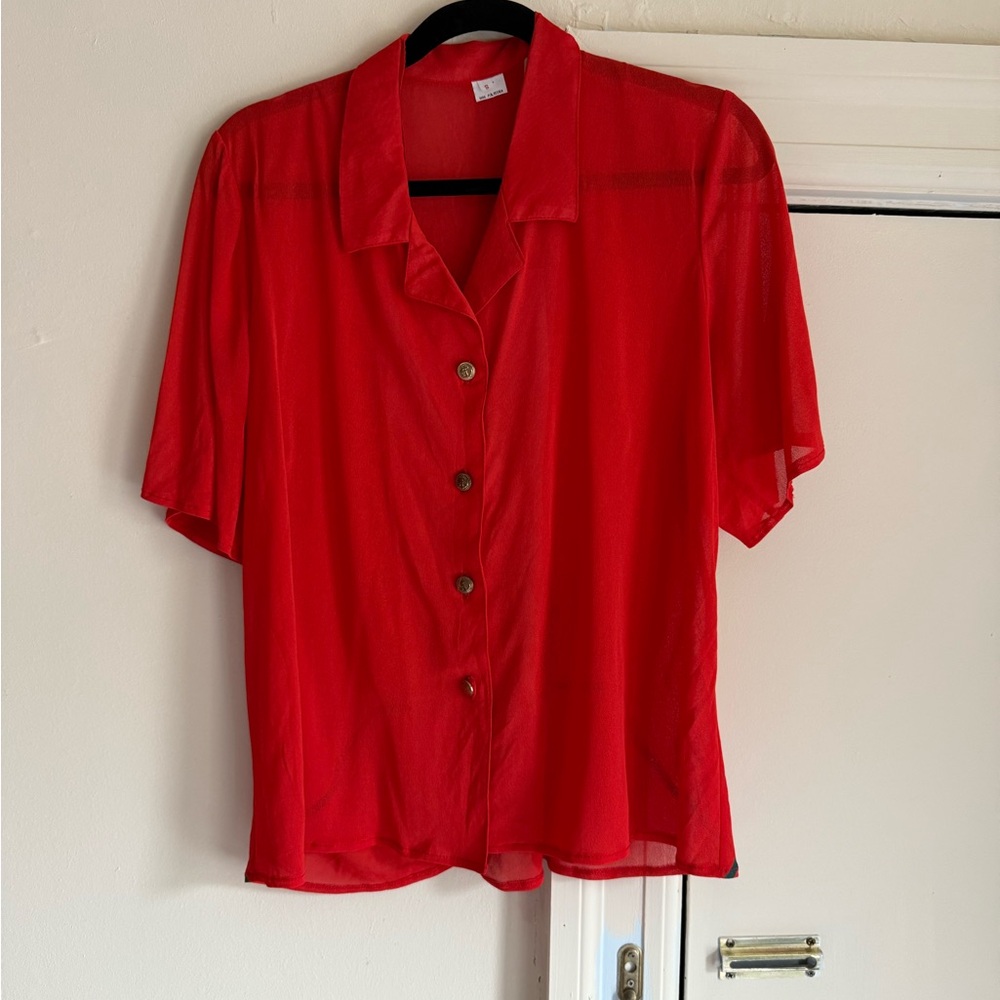 Vintage Semi Sheer Red Button-Up Women's Top